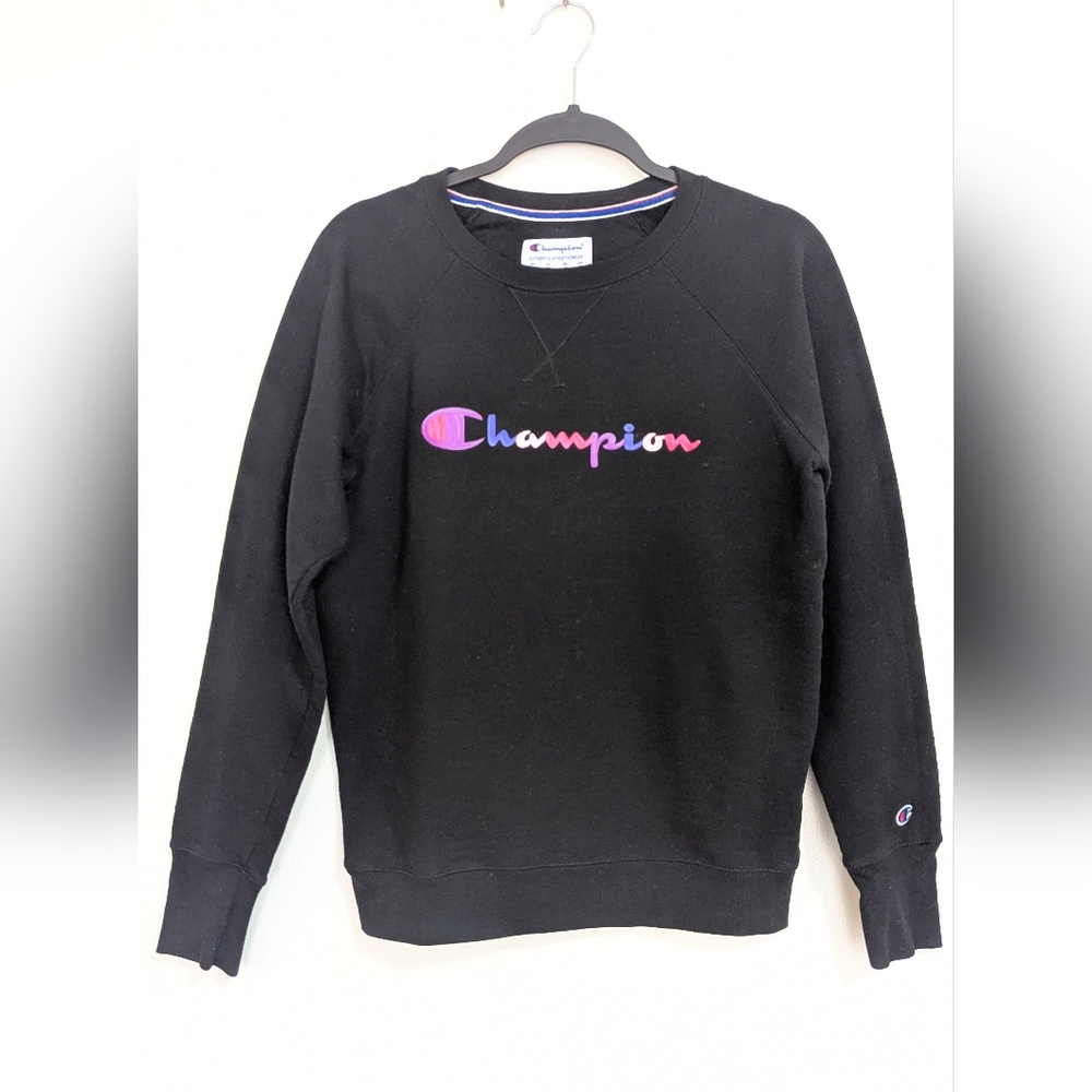 Champion Black Pink Purple Logo Pullover Crew Neck Sweater Size Medium